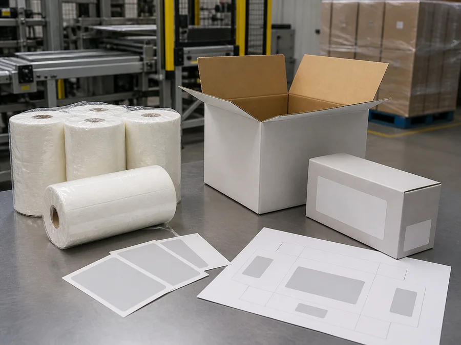 Plain wrapped wipe rolls, carton and blank label layouts prepared for packaging approval