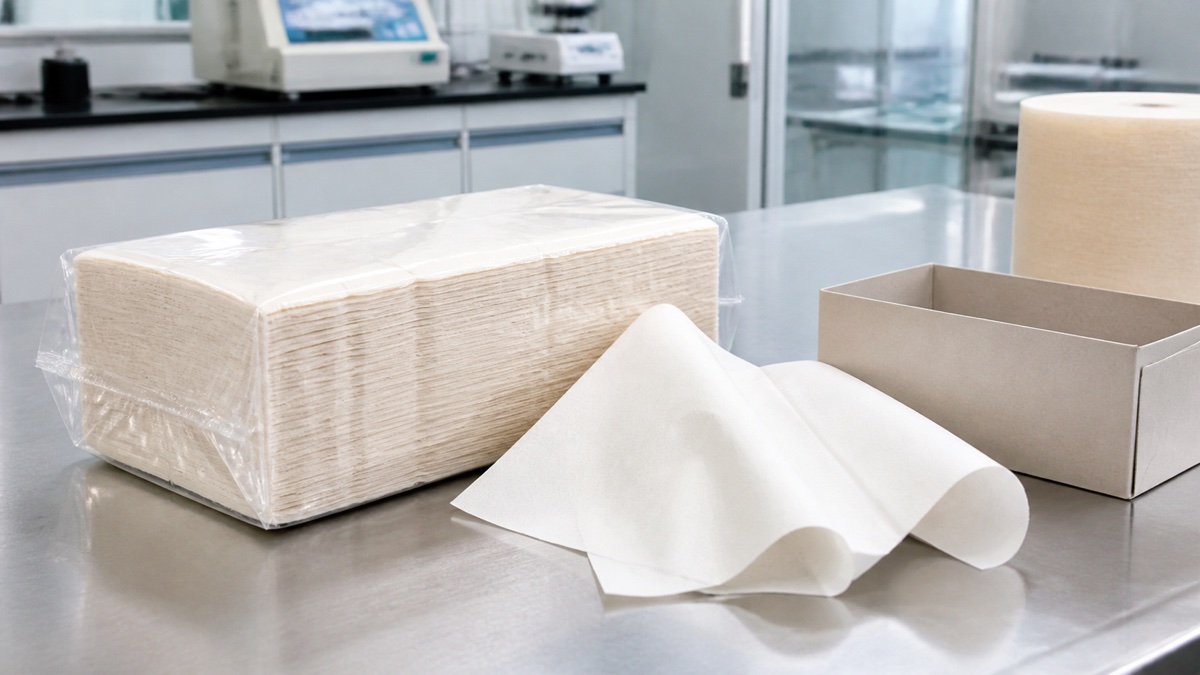 bamboo tissue manufacturer — unbranded sealed bamboo facial tissue packs beside loose pale natural-white tissue and neutral packaging components on a clean lab