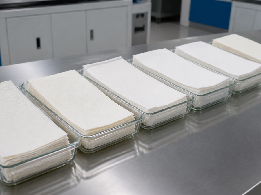 bamboo tissue manufacturer — sensory comparison setup with coded unbranded tissue samples in neutral glass containers and no readable