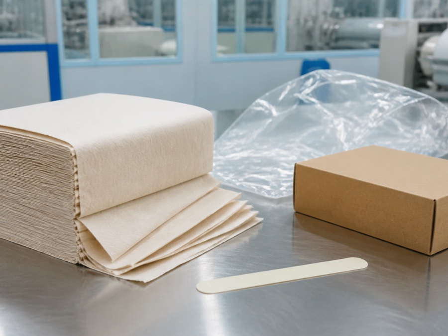 bamboo tissue manufacturer — separated components of a tissue pack including pale bamboo tissue clear film plain carton and adhesive sample on stainless