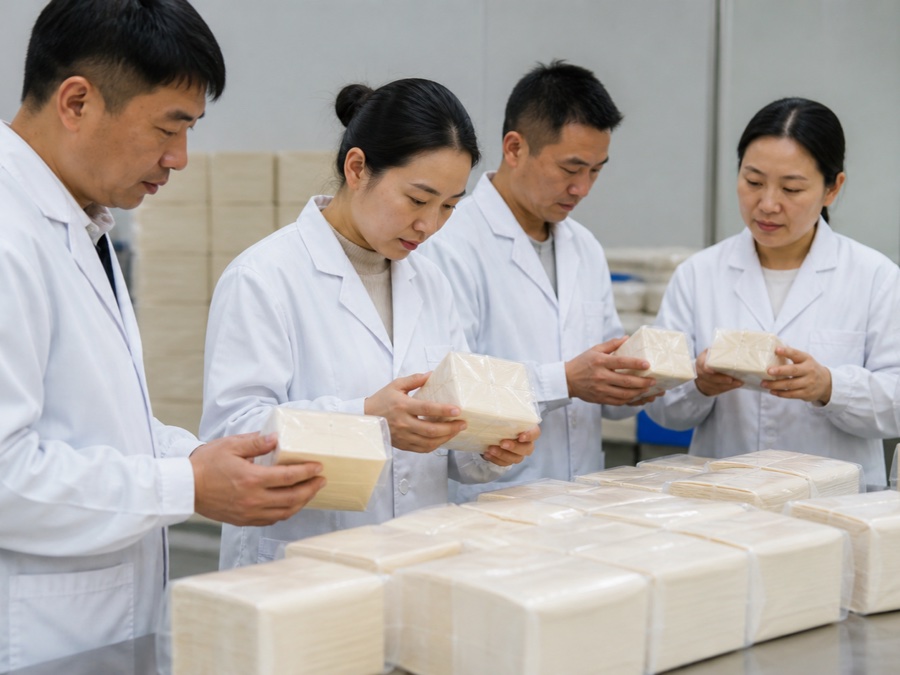 bamboo tissue manufacturer — Chinese adult quality team in clean coats evaluating coded sealed tissue packs in a bright neutral inspection