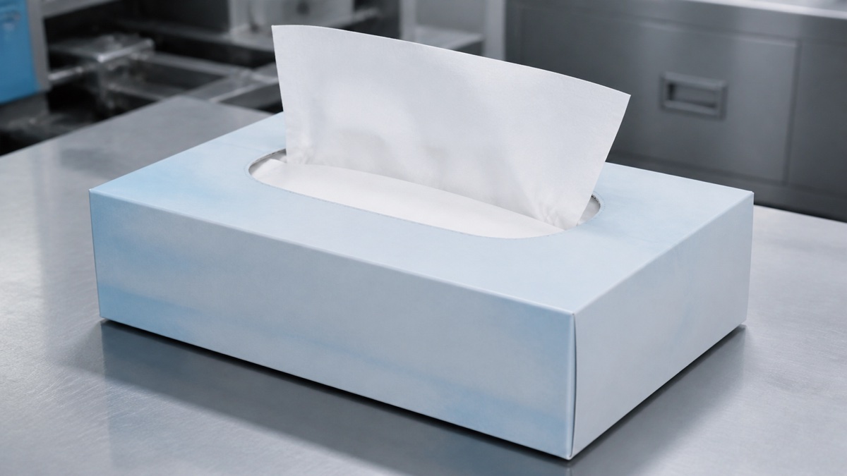 box tissue manufacturer — plain unbranded facial tissue box with one white first sheet presented cleanly through an oval