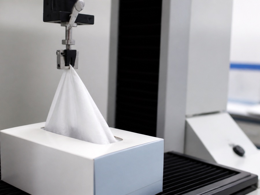 box tissue manufacturer — close-up of first-sheet pull test using a small clamp and plain tissue box with no readable instrument