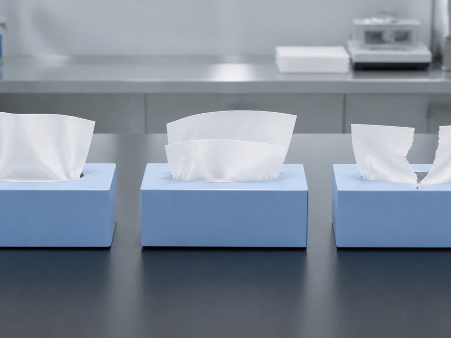 box tissue manufacturer — three plain facial tissue boxes showing correct single pull double pull and torn first-sheet outcomes on a clean