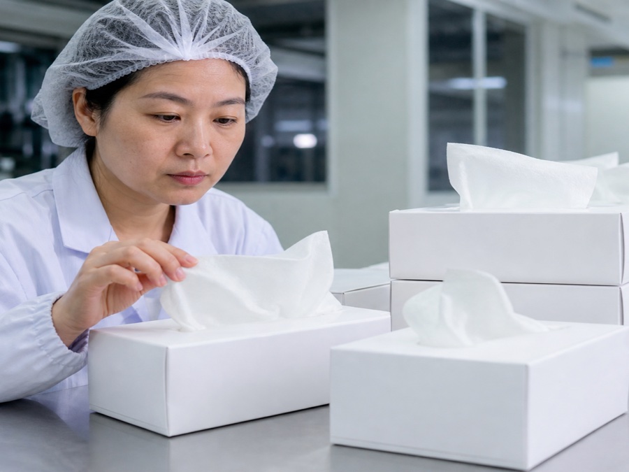 box tissue manufacturer — Chinese adult quality inspector in hairnet performing repeated dispensing checks on unbranded boxed facial