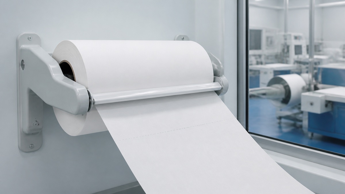 exam couch roll manufacturer — white perforated exam couch paper roll mounted on a clinic-style dispenser with one sheet pulled toward a clean