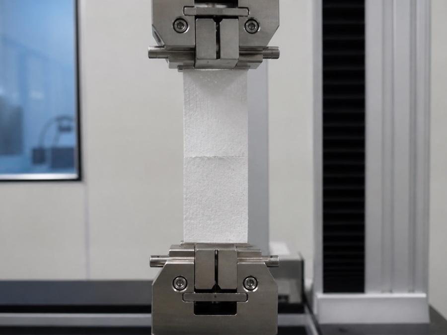 exam couch roll manufacturer — bench tensile fixture holding a narrow perforated exam paper sample with no digital text or branded