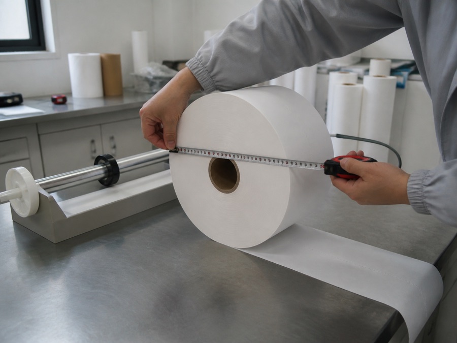 Examination paper roll measured against a dispenser spindle