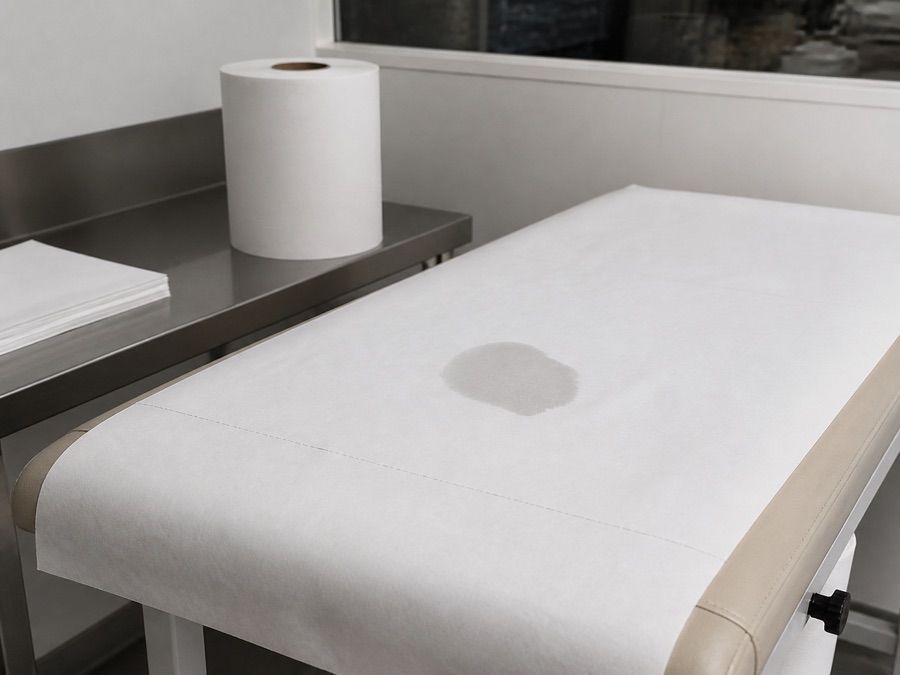 Examination paper roll tested for table coverage and damp contact