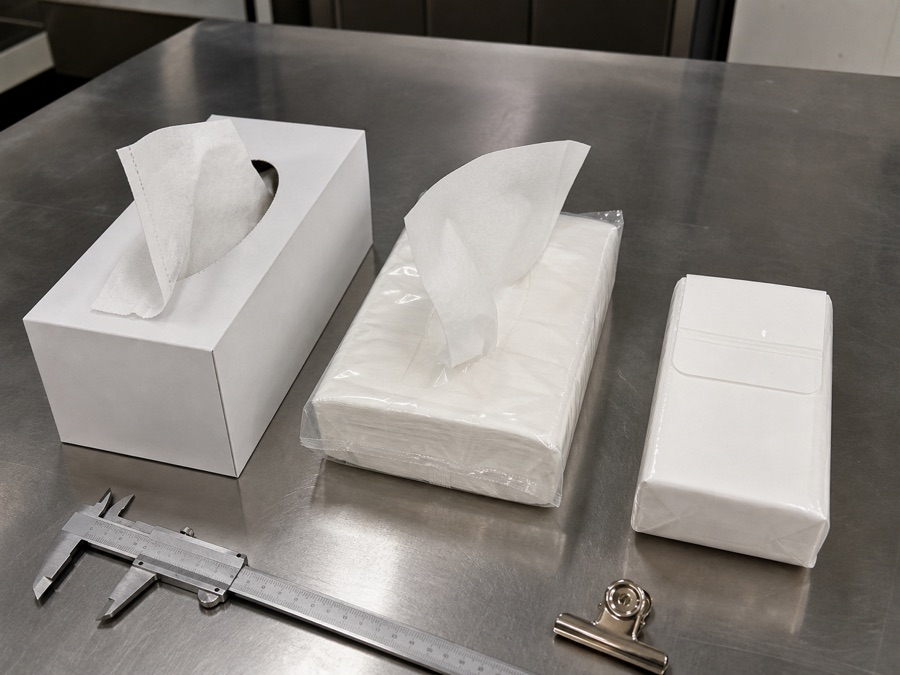 Facial tissue box opening, soft-pack seal and pocket closure under inspection