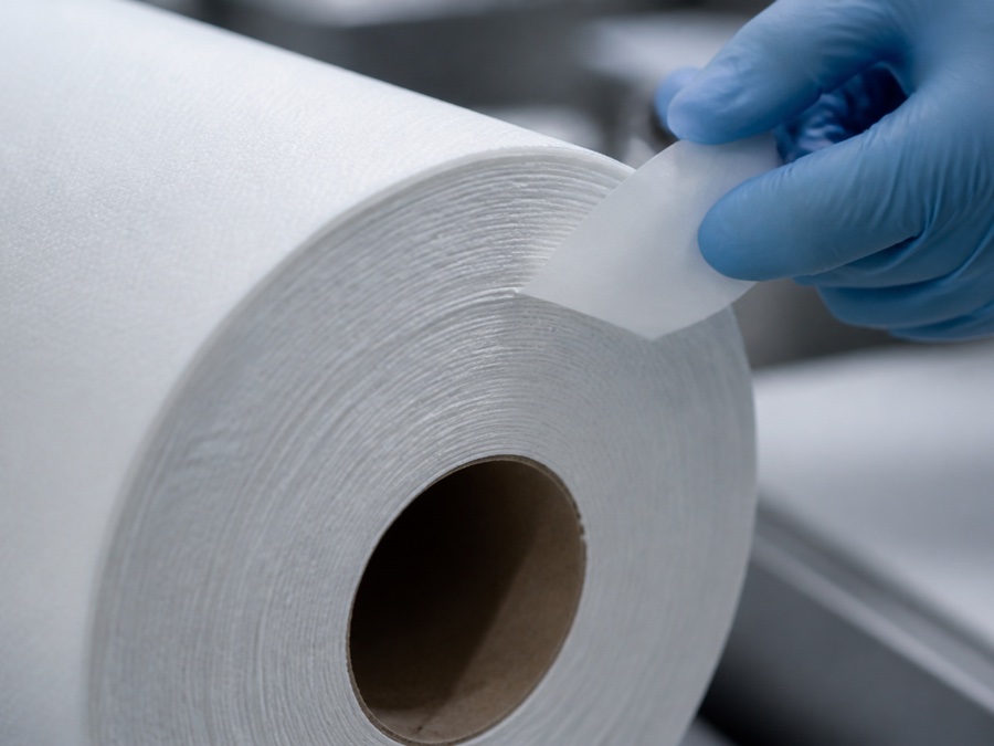 hardwound roll towel manufacturer — macro close-up of a small adhesive tail-seal area being peeled cleanly from a white hardwound towel