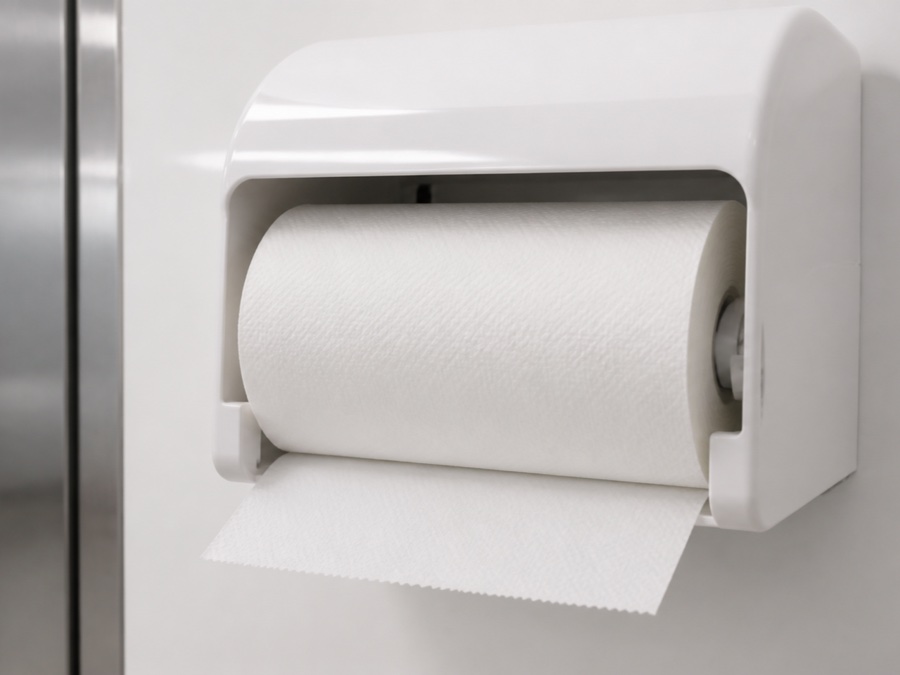 hardwound roll towel manufacturer — unbranded commercial roll towel installed in a wall dispenser with the first sheet started