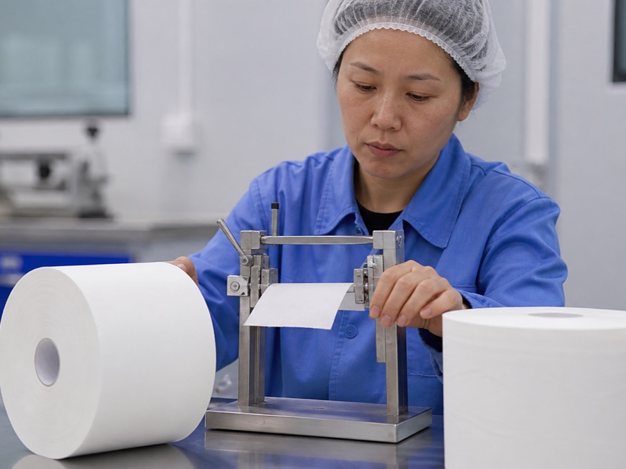 hardwound roll towel manufacturer — Chinese adult quality inspector in hairnet using a simple peel fixture to compare hardwound towel tail