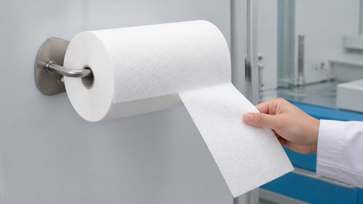 kitchen paper towel manufacturer — white two-ply perforated kitchen towel roll mounted on a simple unbranded holder during a one-hand tear