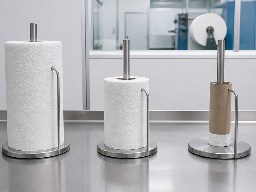 kitchen paper towel manufacturer — three stages of a kitchen towel holder trial showing full middle and near-core roll conditions on one clean