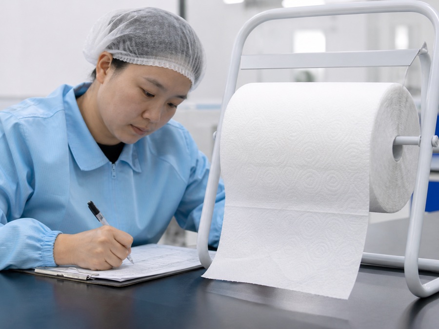 kitchen paper towel manufacturer — Chinese adult quality inspector in hairnet recording repeated single-sheet tear-off trials on an unbranded