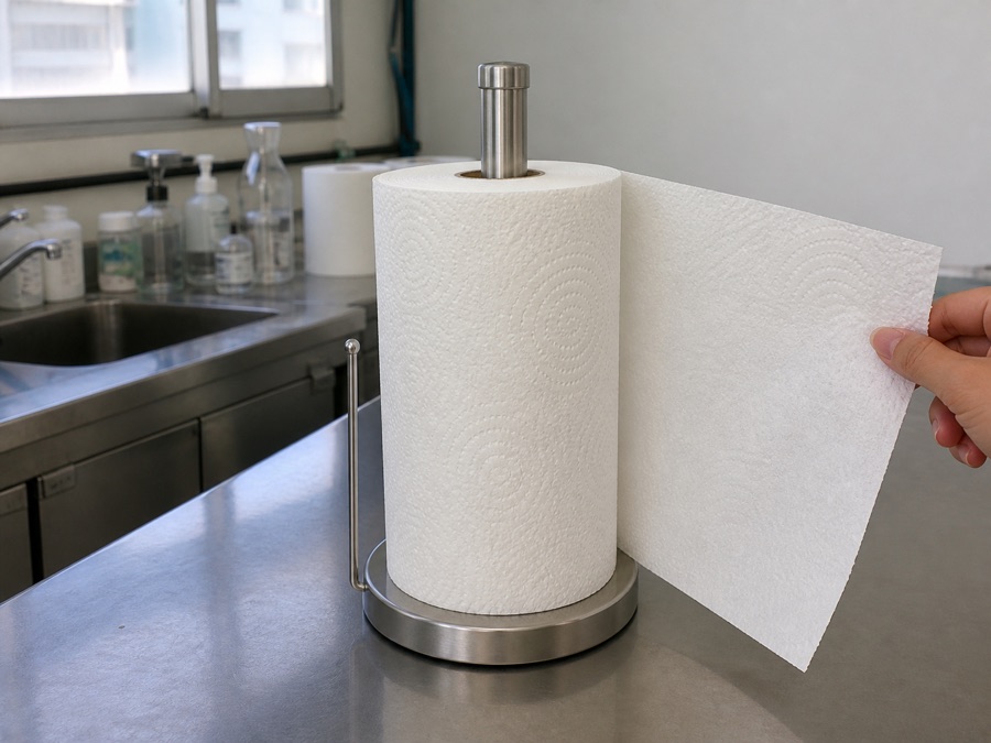Kitchen towel roll tested for rotation and clearance in a dispenser