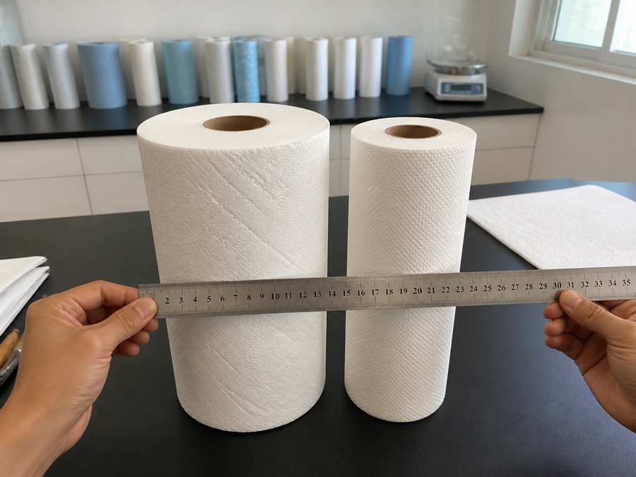 Two kitchen towel rolls compared by diameter, width and core