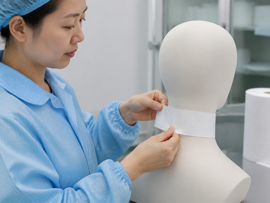 neck strip paper wholesale — Chinese adult quality inspector in clean workwear testing a white neck strip around a hygienic mannequin neck