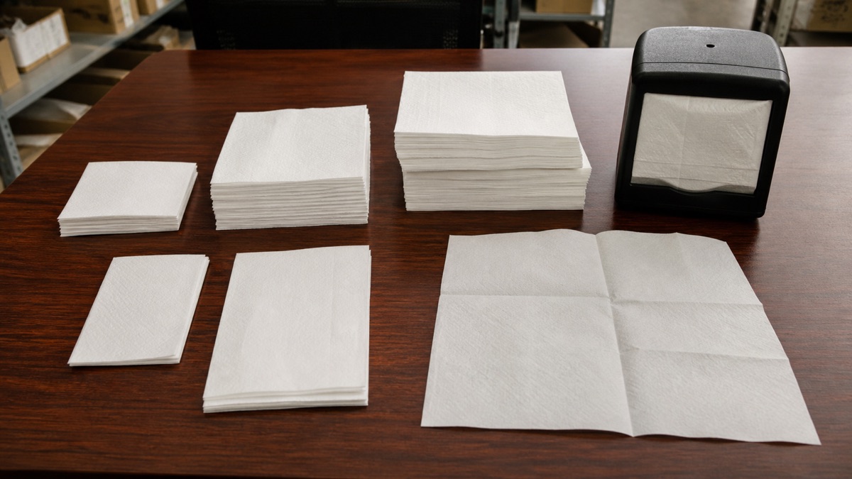 Paper napkin manufacturer samples showing different foodservice folds