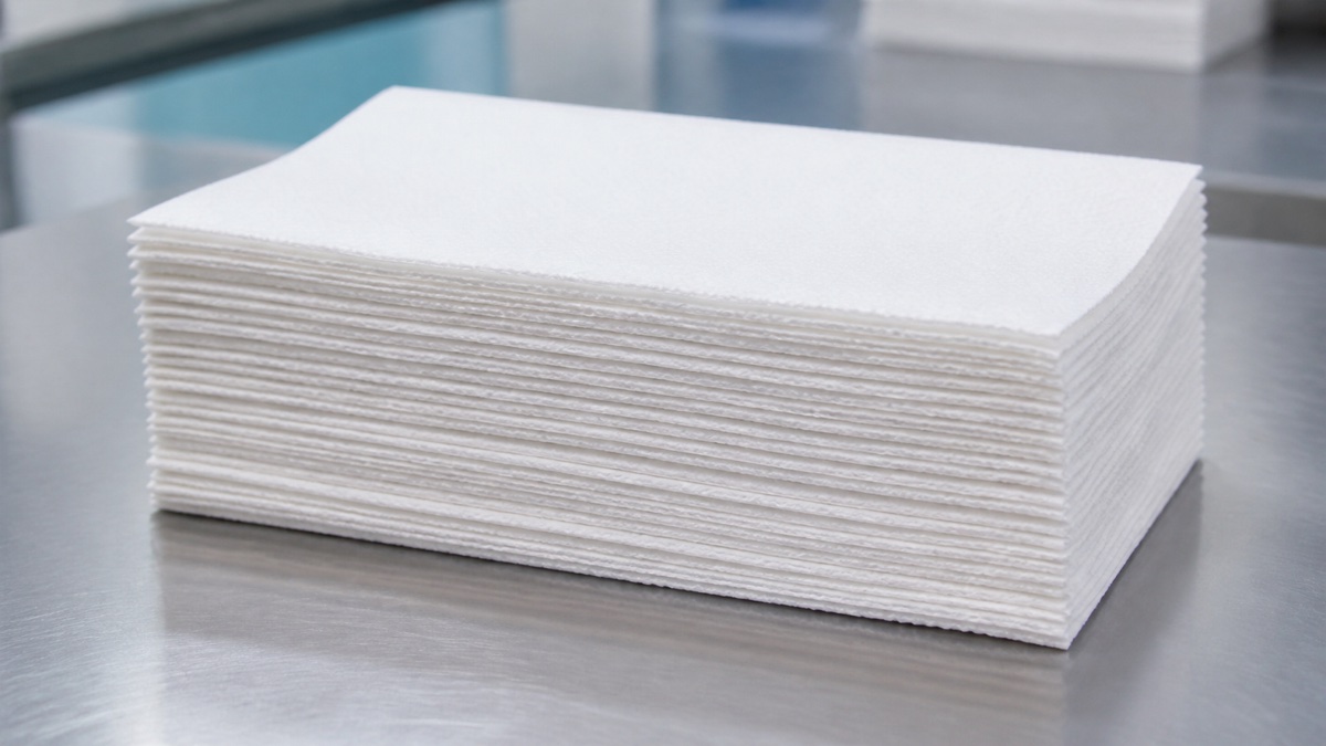 paper napkin supplier China — stack of unbranded white folded paper napkins on a stainless table showing one realistic slightly skewed