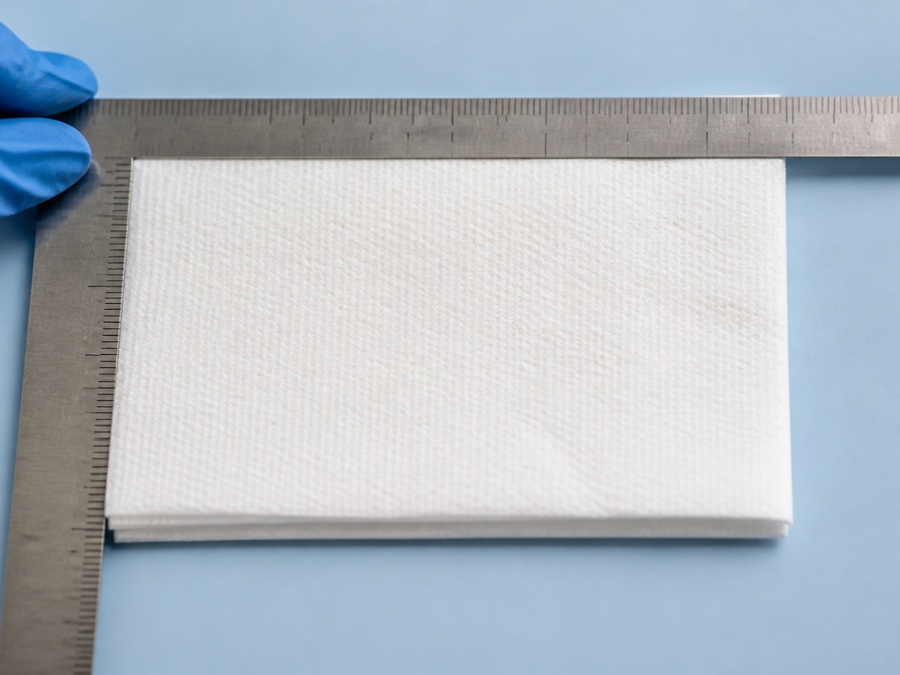 paper napkin supplier China — overhead close-up of a folded white paper napkin measured from reference edges with a metal