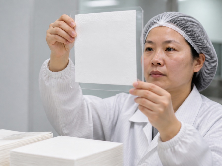 paper napkin supplier China — Chinese adult quality inspector in hairnet checking folded napkin squareness against a transparent