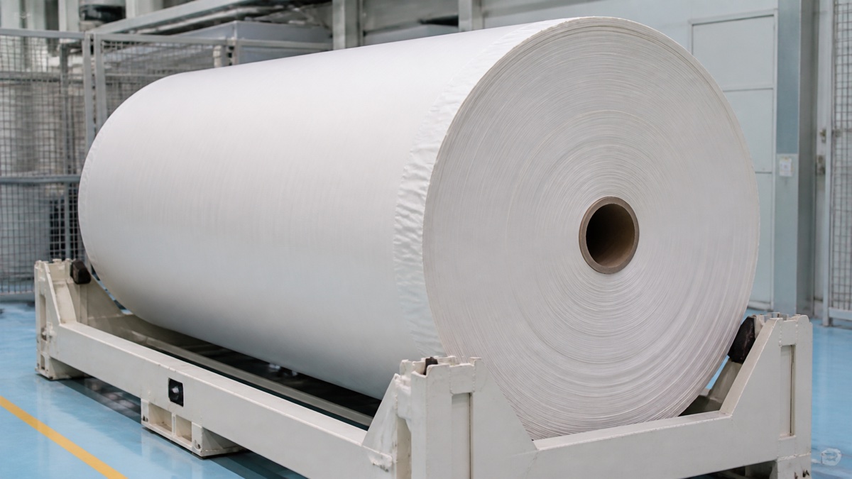 TAD tissue jumbo rolls — large white TAD tissue jumbo roll resting in a safe industrial cradle with realistic core and wrapped