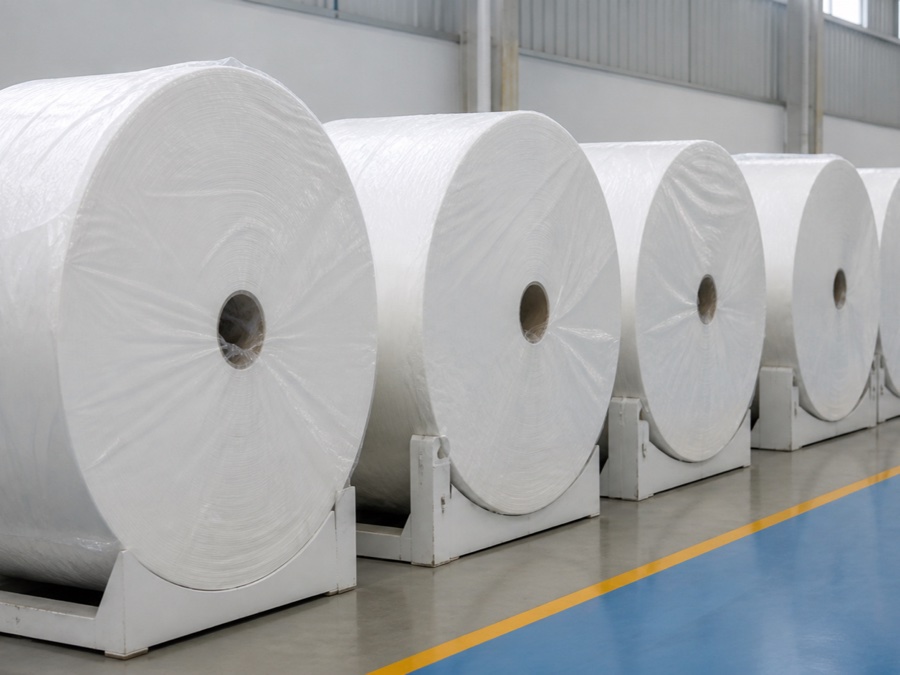 TAD tissue jumbo rolls — warehouse aisle with several properly supported white jumbo tissue rolls on level dry