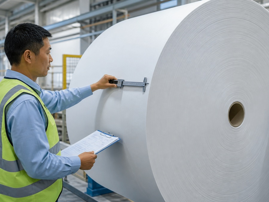 TAD tissue jumbo rolls — Chinese adult warehouse inspector in safety vest documenting the roundness of a jumbo tissue roll before
