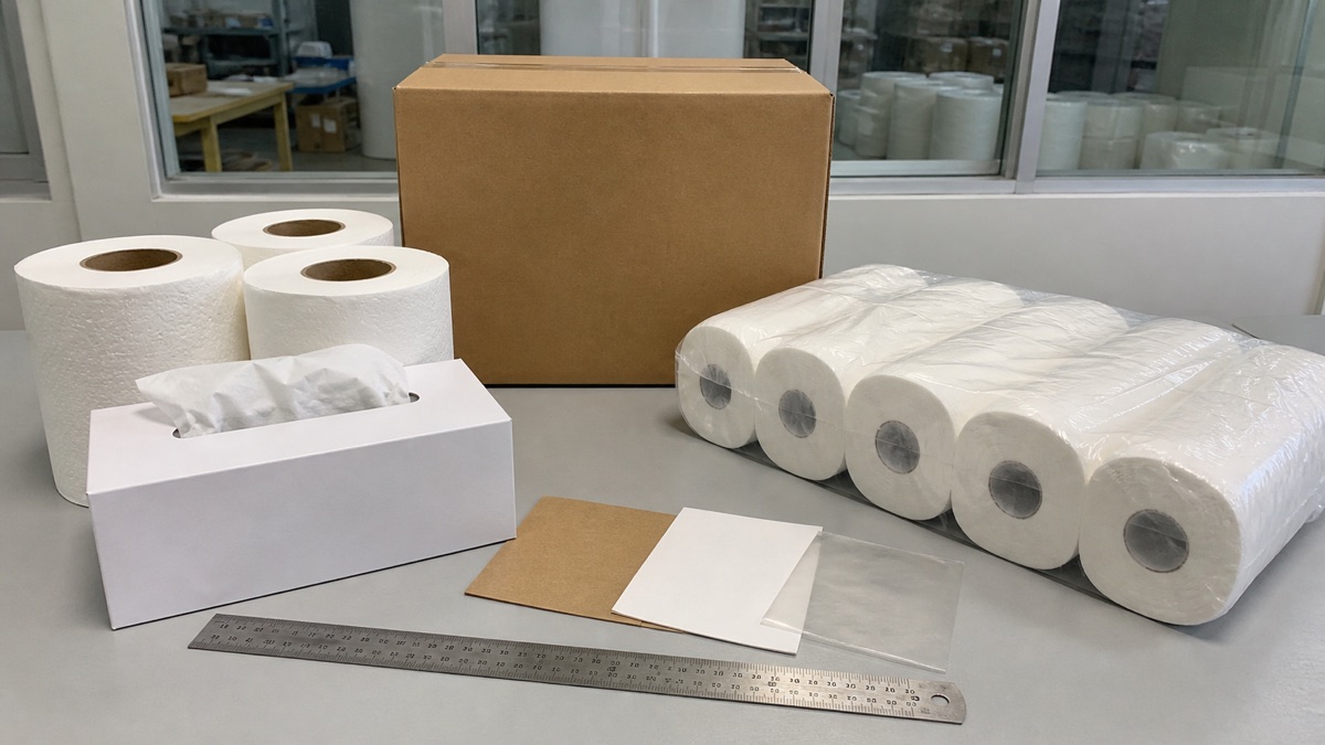 Tissue paper supplier packaging review with tissue rolls, blank packs and export carton