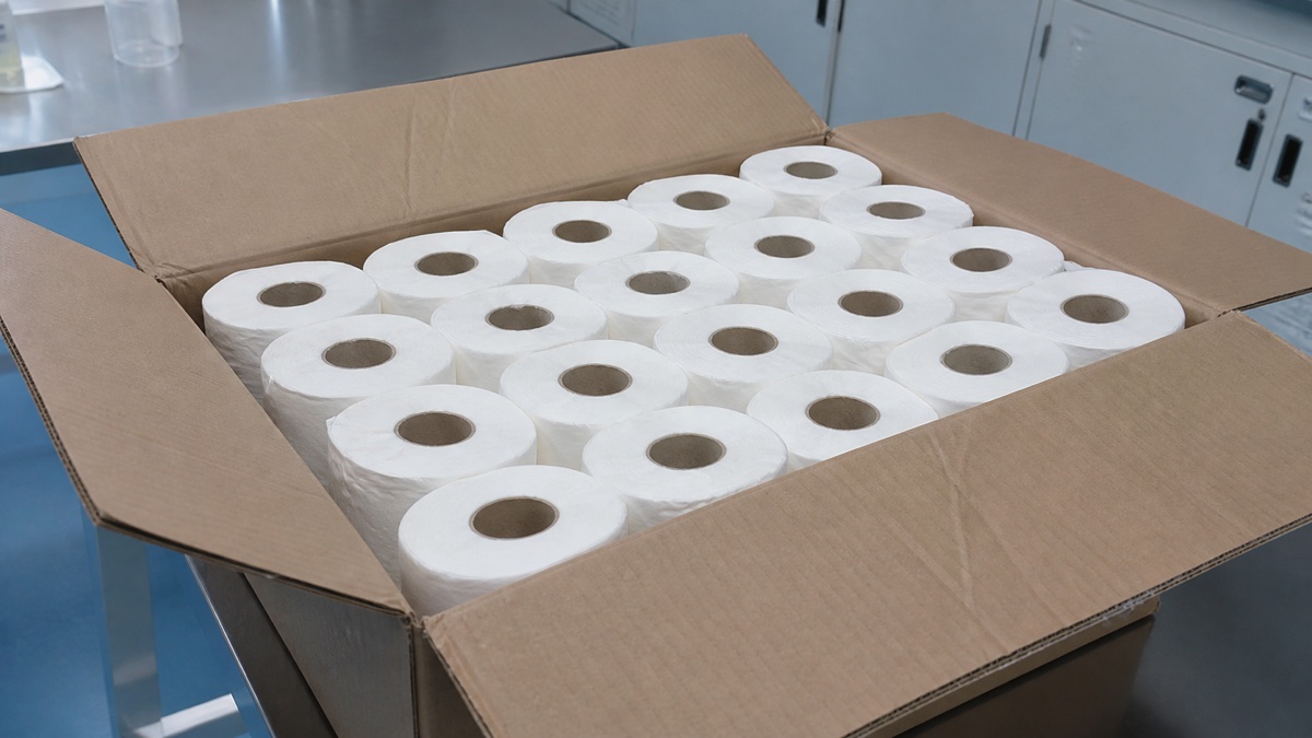 toilet paper supplier China — unbranded white toilet paper rolls in a corrugated export carton with realistic cores and light transport