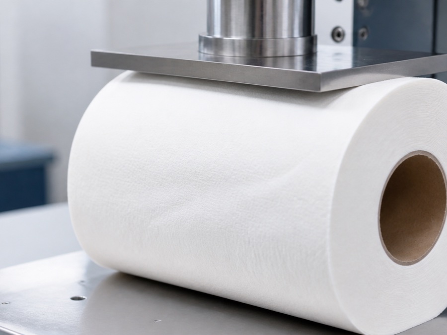 toilet paper supplier China — close-up of a simple compression plate contacting the side of a white toilet roll to check firmness without readable gauge