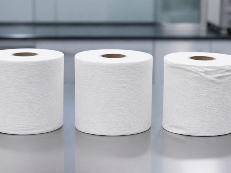 toilet paper supplier China — comparison of three realistic white toilet rolls after carton shipment showing round firm and slightly deformed