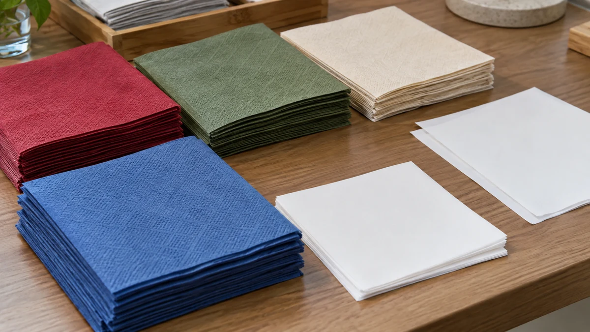 Airlaid napkin supplier: colored folded napkins and white contact-paper sheets on a sample table