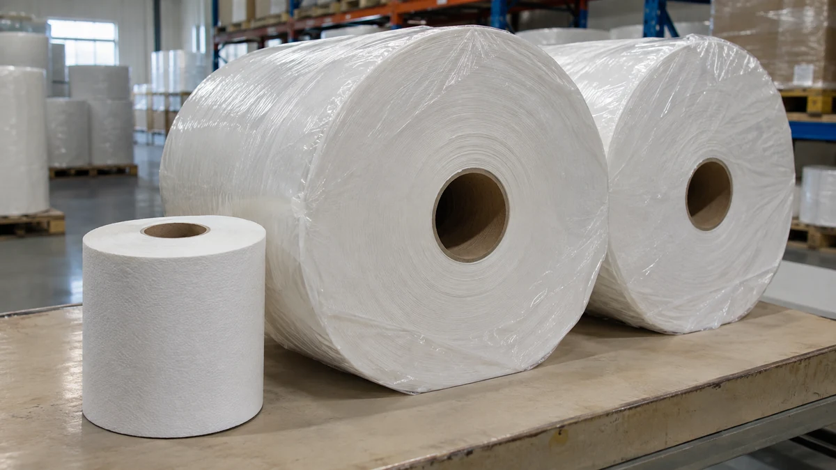 Airlaid paper sourcing: airlaid sample roll beside two wrapped material rolls