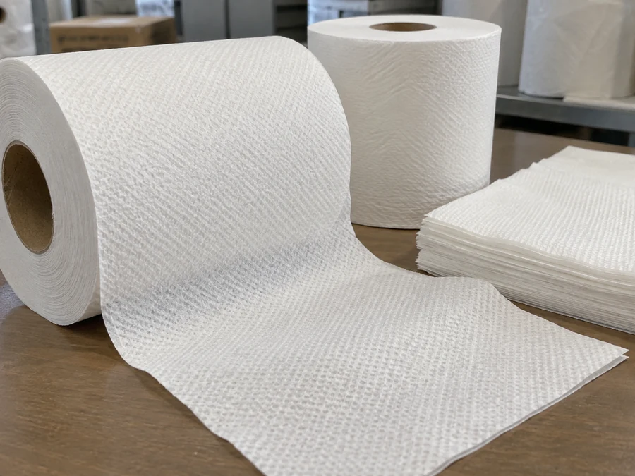 Textured tissue web unrolled beside a roll and folded sheets