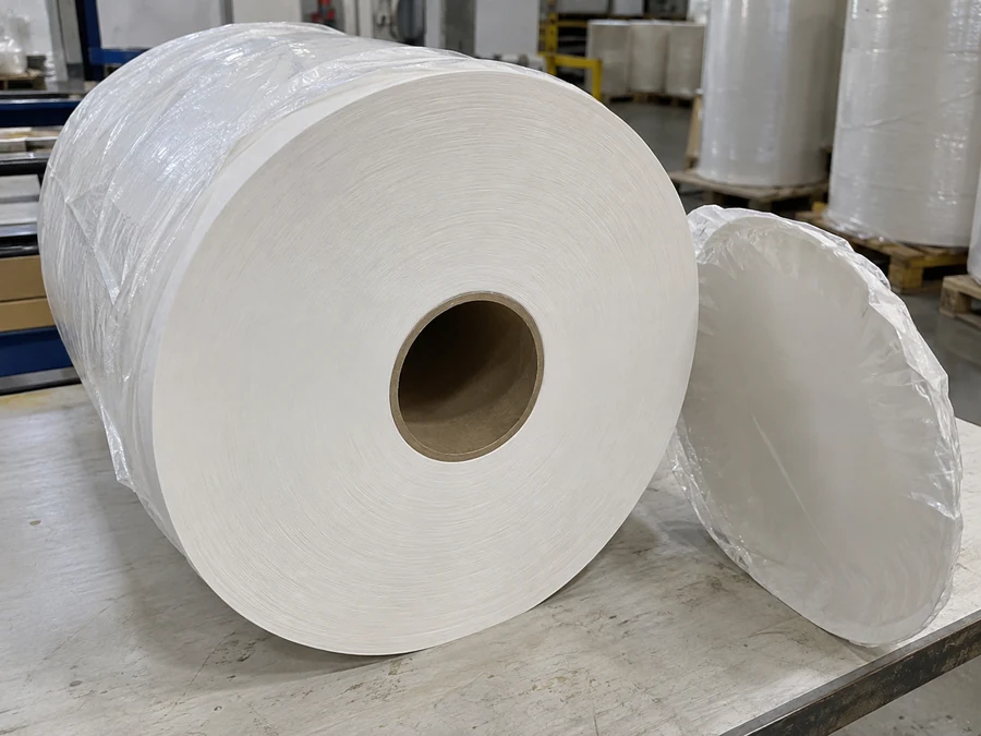 Tissue mother roll beside its removed circular protective cover