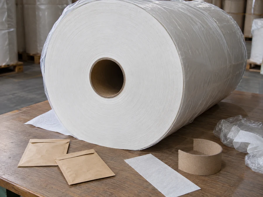 Mother roll beside paper envelopes and a short cardboard core piece