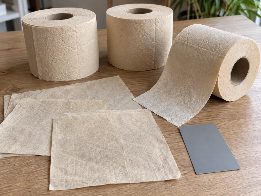Natural-toned rolls and tissue sheets beside a gray card