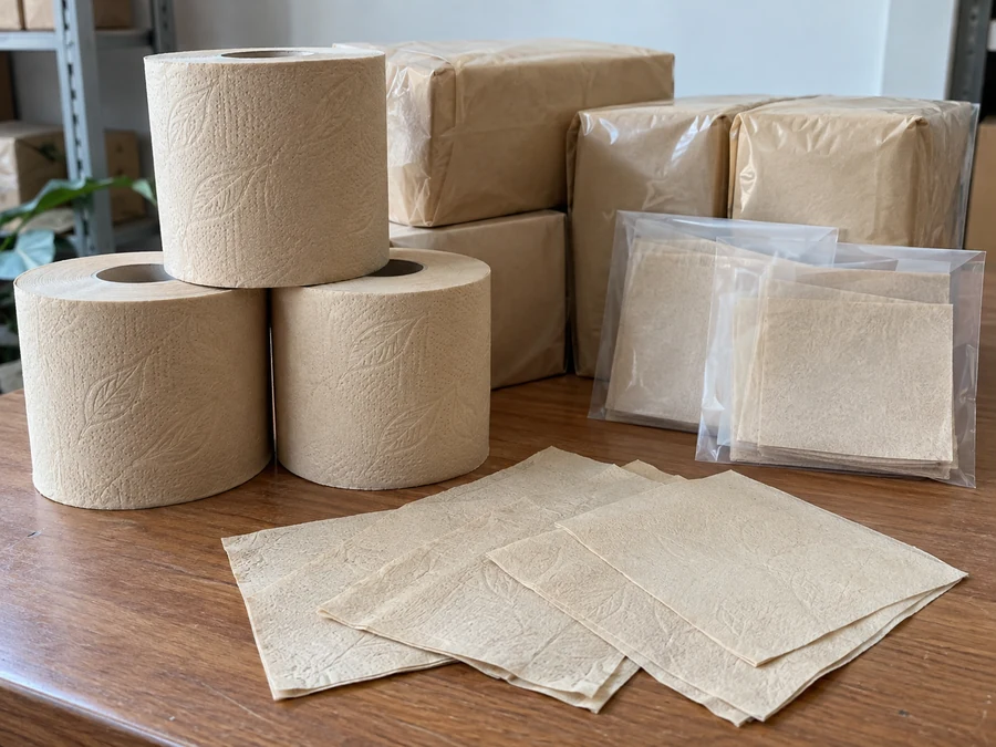 Wrapped tan tissue packs, rolls and retained sheets