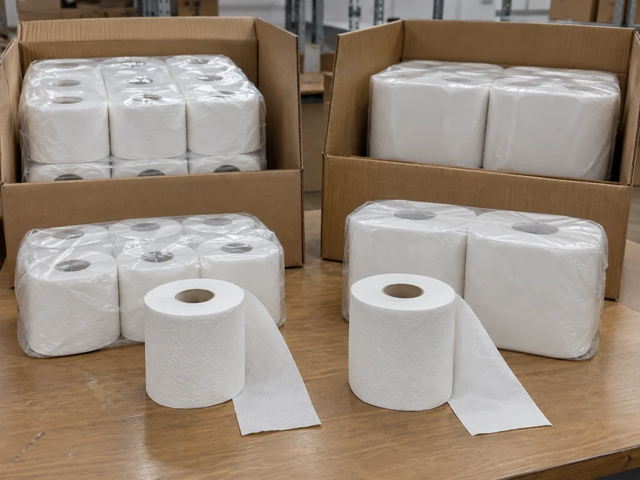 Toilet paper multipacks in open cartons with loose samples