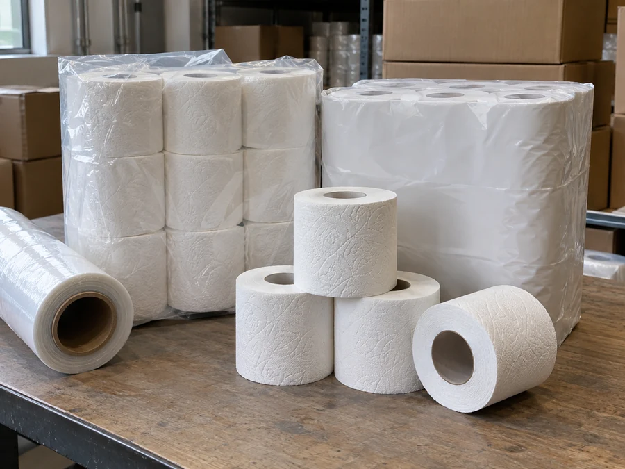 Toilet rolls and multipacks beside a roll of clear packing film
