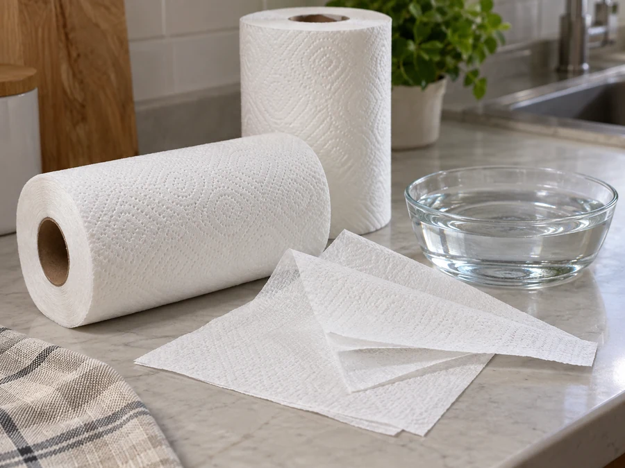 Kitchen towel rolls and sheet specimens beside a water dish