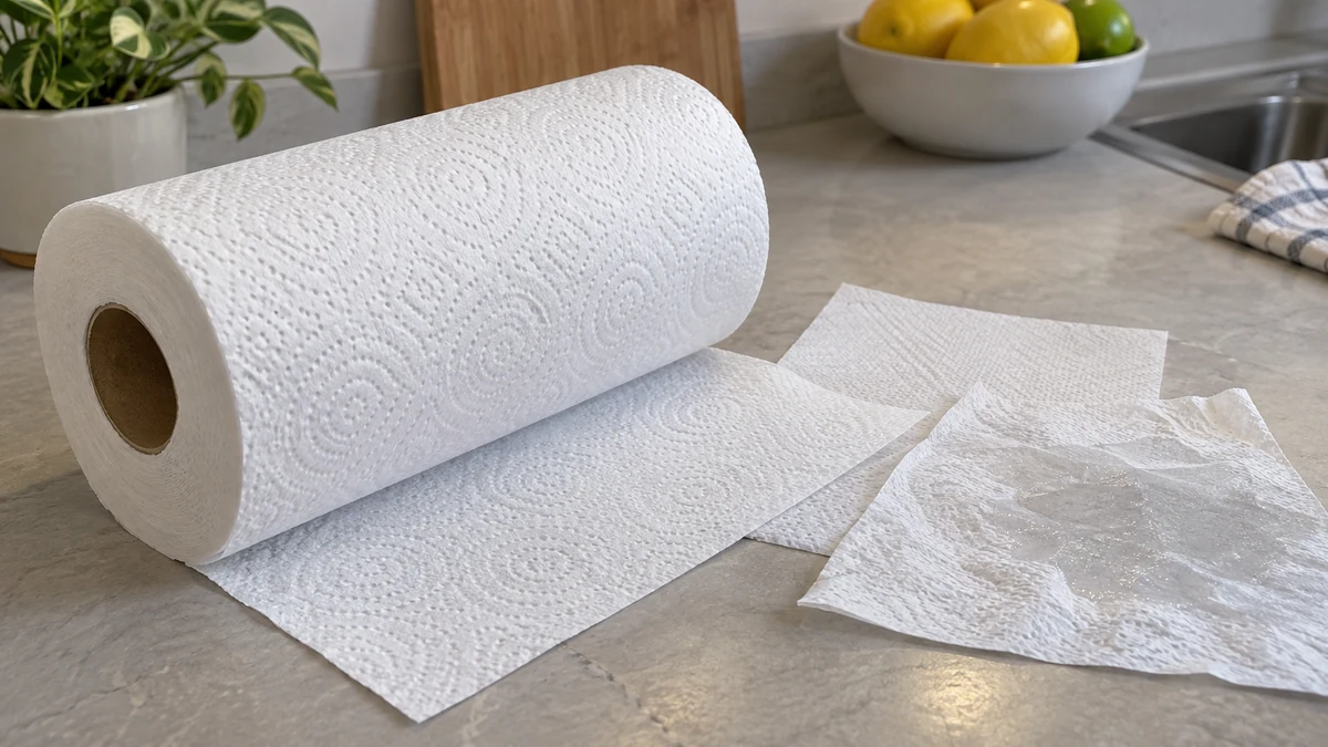 Kitchen towel supplier: kitchen towel roll beside flat and crumpled sheet specimens