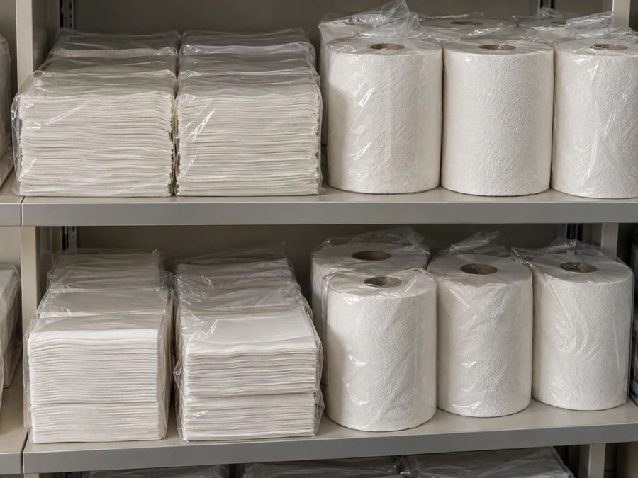Wrapped folded towels and rolls on storage shelves