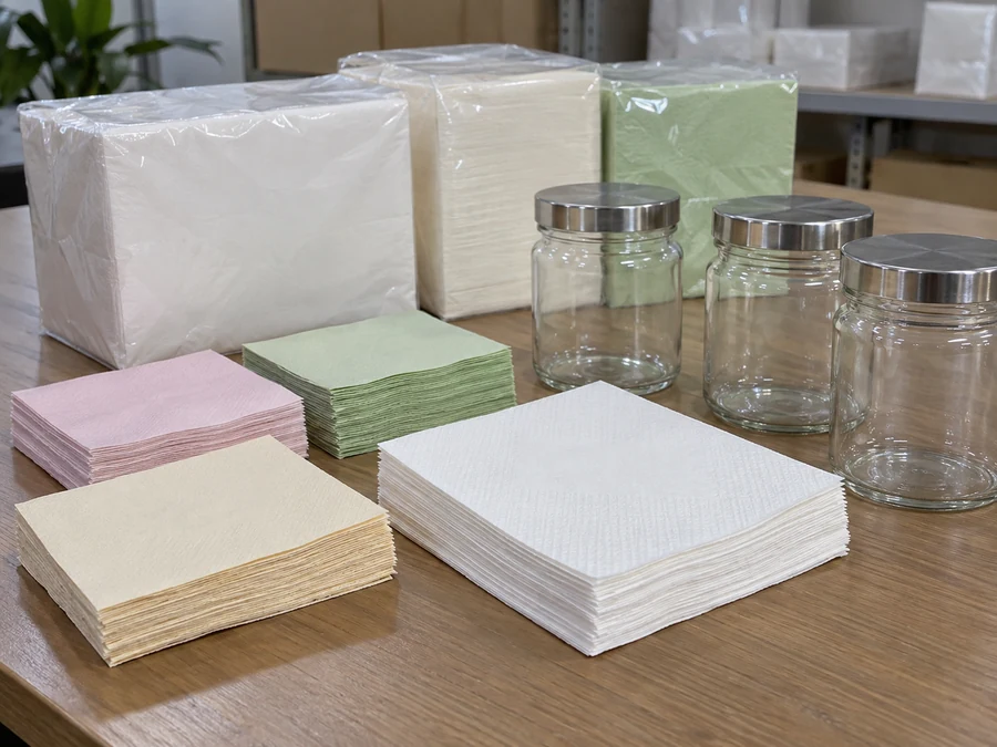 Colored napkin samples beside clean empty glass jars