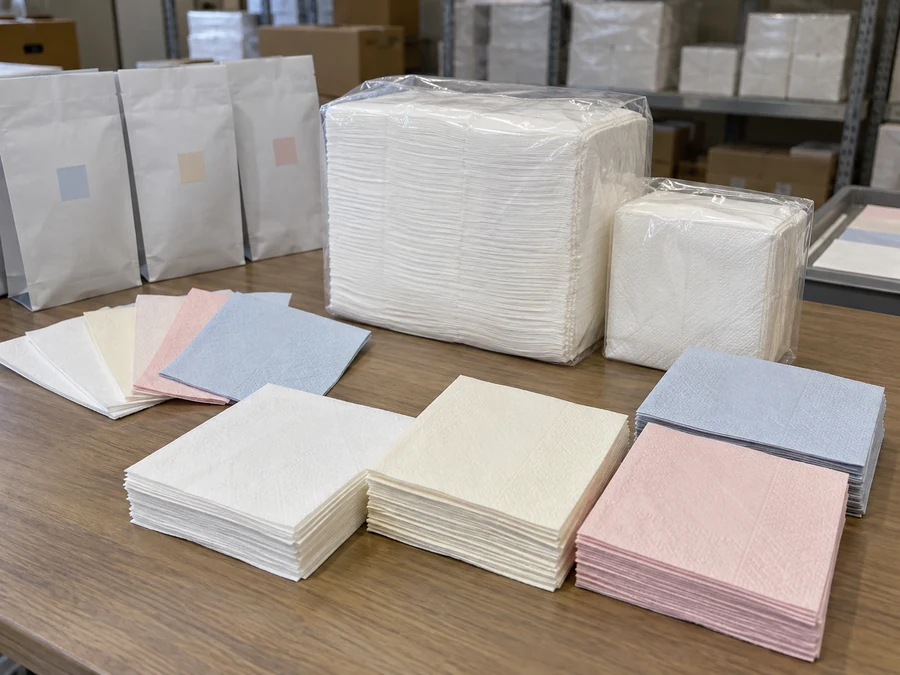 Protected napkin packs beside loose colored reference samples