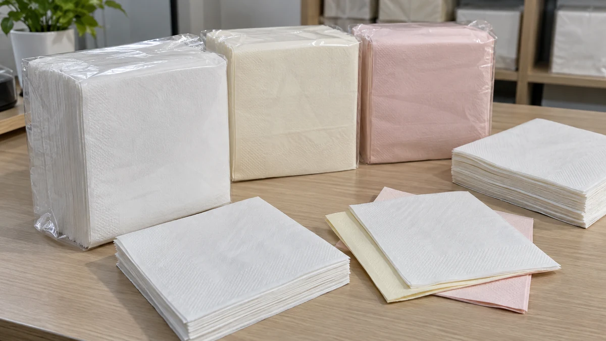 Paper napkin supplier: wrapped napkin packs beside white, cream and pink folded napkins