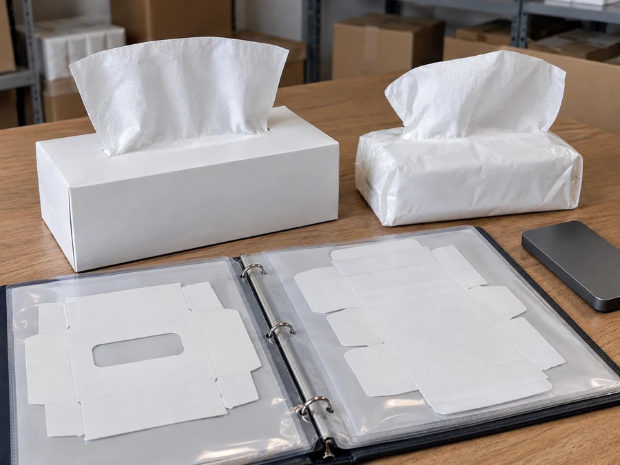 Tissue box and soft pack beside an open binder of carton patterns